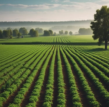 A vast agricultural landscape featuring lush green fields in the foreground and golden wheat or grass fields beyond. In the distance, there are clumps of trees and palm trees, with a backdrop of mountains under a clear blue sky. A small cluster of buildings can be seen to the right.