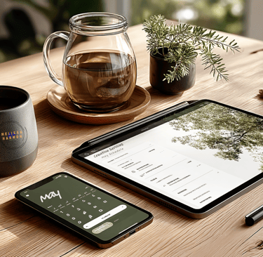 a tablet with a cup of tea and a cup of tea