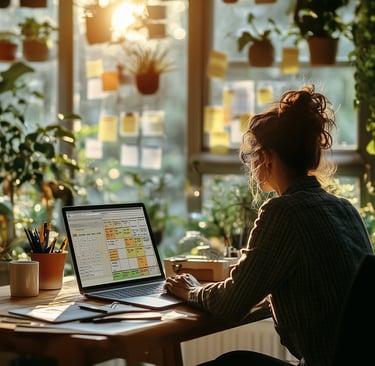 a woman sitting at a desk with a laptop computer