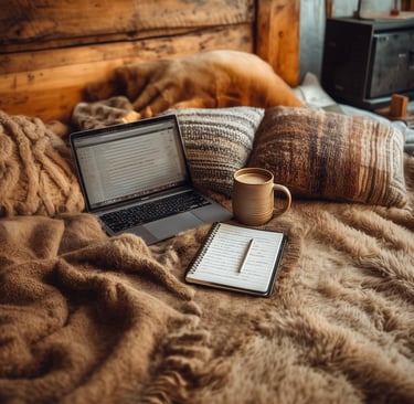 a laptop computer sitting on a bed with a book and a cup of coffee