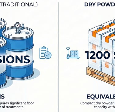 4 drums liquid = 220 sessions. Same space in dry powder = 1200 sessions