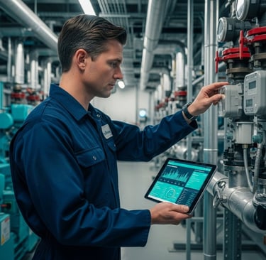 a man in a blue uniform is holding a tablet computer checking HVAC system.