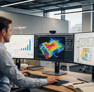 a man sitting at a desk with a computer monitor and a computer assessing energy consumption