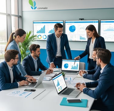 a group of workers in an energy company with a blueprinted energy plan for energy consulting