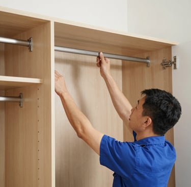 Close-up of neatly arranged tools and partially assembled furniture on a clean floor.