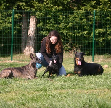 a woman is sitting on the grass with her dog