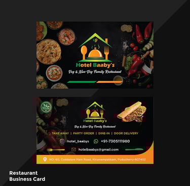 Business card for Spice Garden Restaurant featuring a minimalist black background with gold text