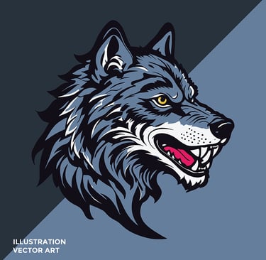 Vector illustration of a wolf’s head in profile, featuring sharp geometric shapes and shades of gray