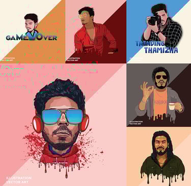 Colorful caricature drawing of a smiling person with exaggerated facial features, large eyes