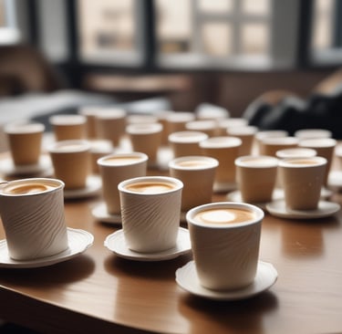 Several empty paper cups arranged on a white surface.