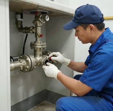 A worker is suspended on ropes, cleaning the windows of a large brick building. The person is equipped with cleaning gear, including a brush and a safety harness attached to a bucket of supplies. The window panes have visible streaks being cleaned, contrasted against the industrial background of brick and metal.