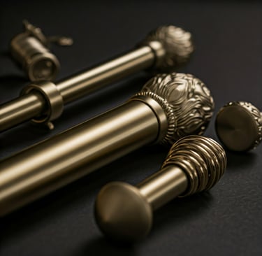 a pair of antique brass curtain rods, brackets and curtaun ends