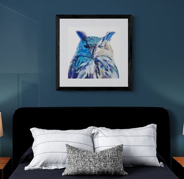 Owl Painting on blue wall above bed