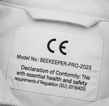 CE marking and EU Declaration of Conformity label on a beekeeping suit