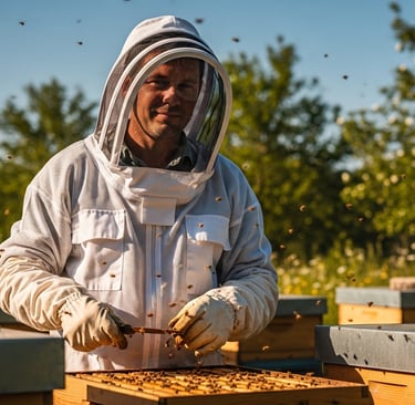 Certified PPE beekeeping suit providing sting protection during hive work