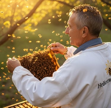 Beekeeper in ventilated bee suit by Heliotrope Bee working around hives.
