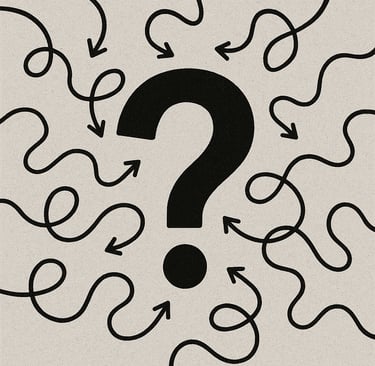 A question mark surrounded by wavy overlapping direction arrows