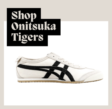 An image of Onitsuka Tiger sneakers in black and white, with the text "Shop Onitsuka Tigers"