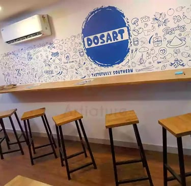 a row of stools with stools and bench