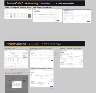 UX design wireframes for a procurement software interface showing meeting screenshots and reopen request workflows.