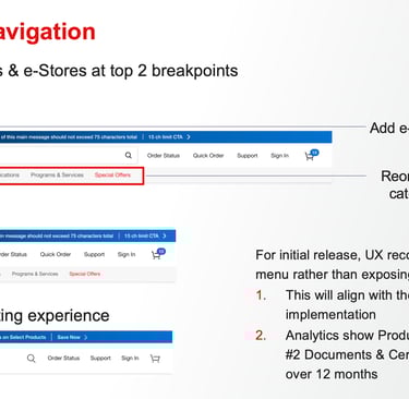 UX design proposal for the Thermo Fisher Scientific website navigation across different screen breakpoints.