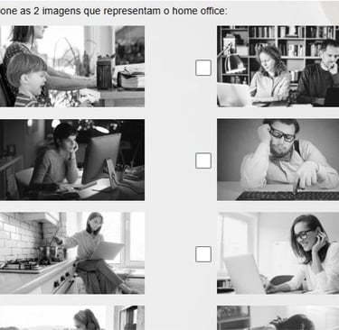 A black and white captcha grid asking to select two images representing a home office setup.