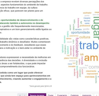 Word cloud and Portuguese text analysis showcasing corporate culture and employee feedback keywords.