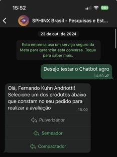 WhatsApp chat interface showing an AI chatbot for agriculture with options for agricultural machinery.