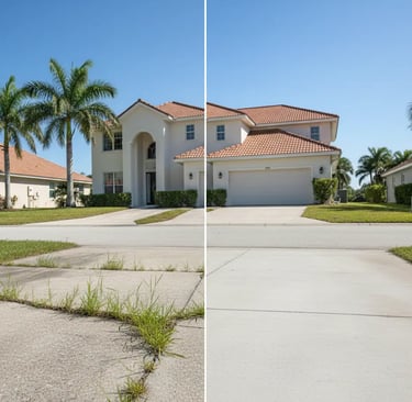 split screen comparison, left side is a badly cracked concrete with weeds growing, right side same area completely repaired