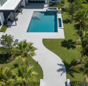 Aerial drone view of elegant curved concrete walkway winding through a beautifully landscaped Florida backyard,