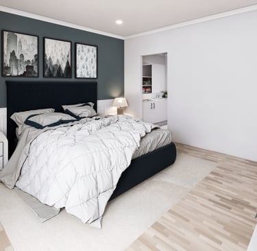 Modern bedroom with a teal accent wall, tan tufted headboard, white dressers, and light wood flooring.