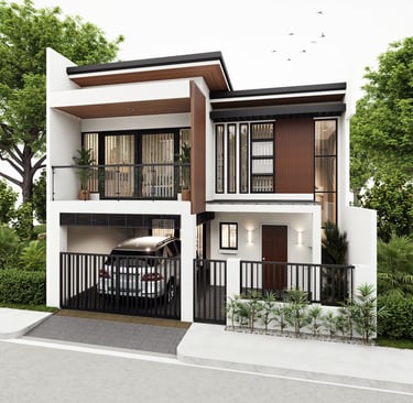 Modern two-story white house with wood slat accents, a balcony, black metal gate, and an integrated carport.