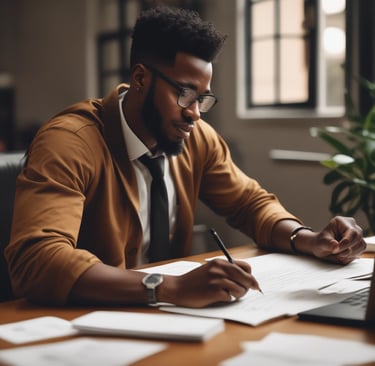 man writing on white paper