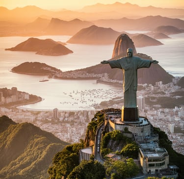 Christ the Redeemer statue overlooking Sugarloaf Mountain and Rio de Janeiro bay at sunset.