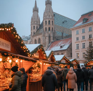 Crowds walking through a festive Christmas market in Vienna with St. Stephen's Cathedral in the background.