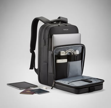 Targus laptop backpack with organized compartments for a laptop, tablet, charger, and travel documents.