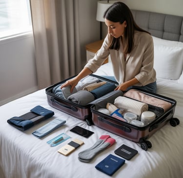 A woman organizing her suitcase with packing cubes and travel essentials on a bed.