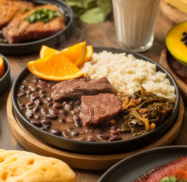 Authentic Brazilian feijoada served with black beans, beef, rice, collard greens, and orange slices.