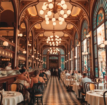 Elegant cafe with Belle Époque architecture, stained glass windows, and patrons dining at tables.