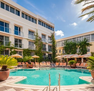 The Plymouth South Beach Art Deco hotel exterior showing restored 1940s architecture and original de
