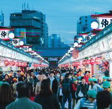 Traditional Nakamise shopping street in Asakusa Tokyo with souvenir stalls