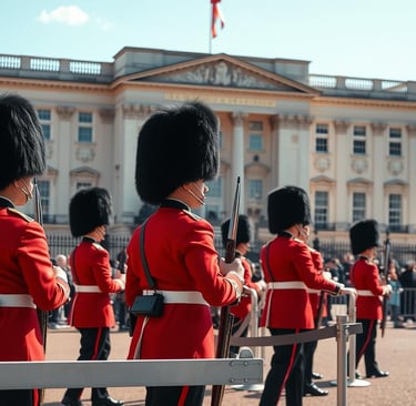 Buckingham Palace with red-coated guards during Changing of Guard ceremony London