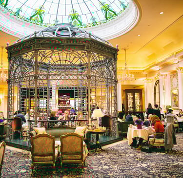 Elegant luxury hotel lobby in London with classic British design