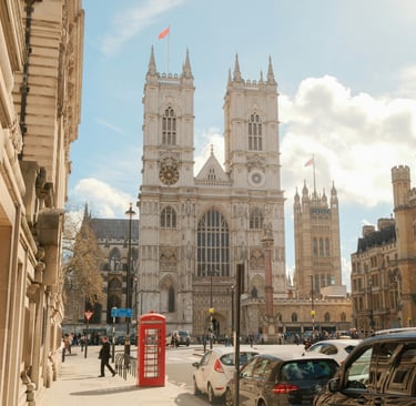 Westminster Abbey Gothic facade with twin towers and ornate medieval architecture London