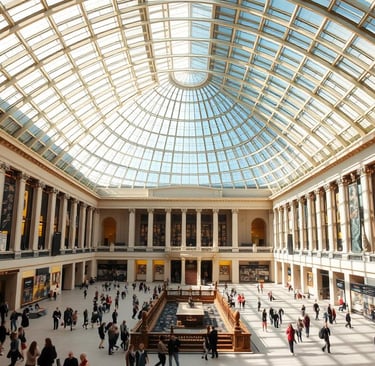British Museum Great Court with geometric glass ceiling and central reading room London