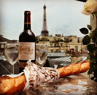 Wine bottles and glasses at Parisian wine bar