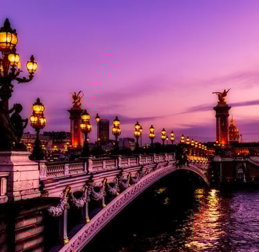 Seine River at sunset with Paris bridges and architecture