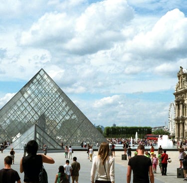 Louvre Museum pyramid courtyard in central Paris 1st arrondissement