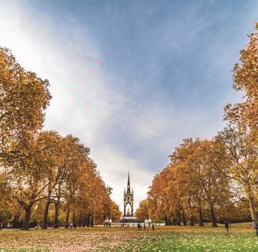 Golden autumn leaves in Hyde Park London with trees and walking paths