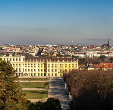 Panoramic view of Schonbrunn Palace and the Vienna city skyline under a clear blue sky.